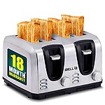 iBELL 2-in-1 Bread Toaster, 4 Slices, Dual Controls, Auto Pop Up, Defrost, Reheat and Crumb Tray