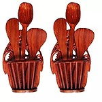Onlineshoppee Beautiful Wooden Hand Carved Wall Hanging Kitchen Ware Holder With 3 Spoon,Pack Of 2